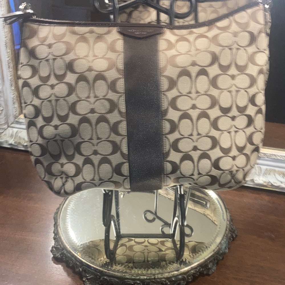 Genuine XL  Coach  HOBO Signature  Stripe Brown and Khaki  Bag &  leather trim